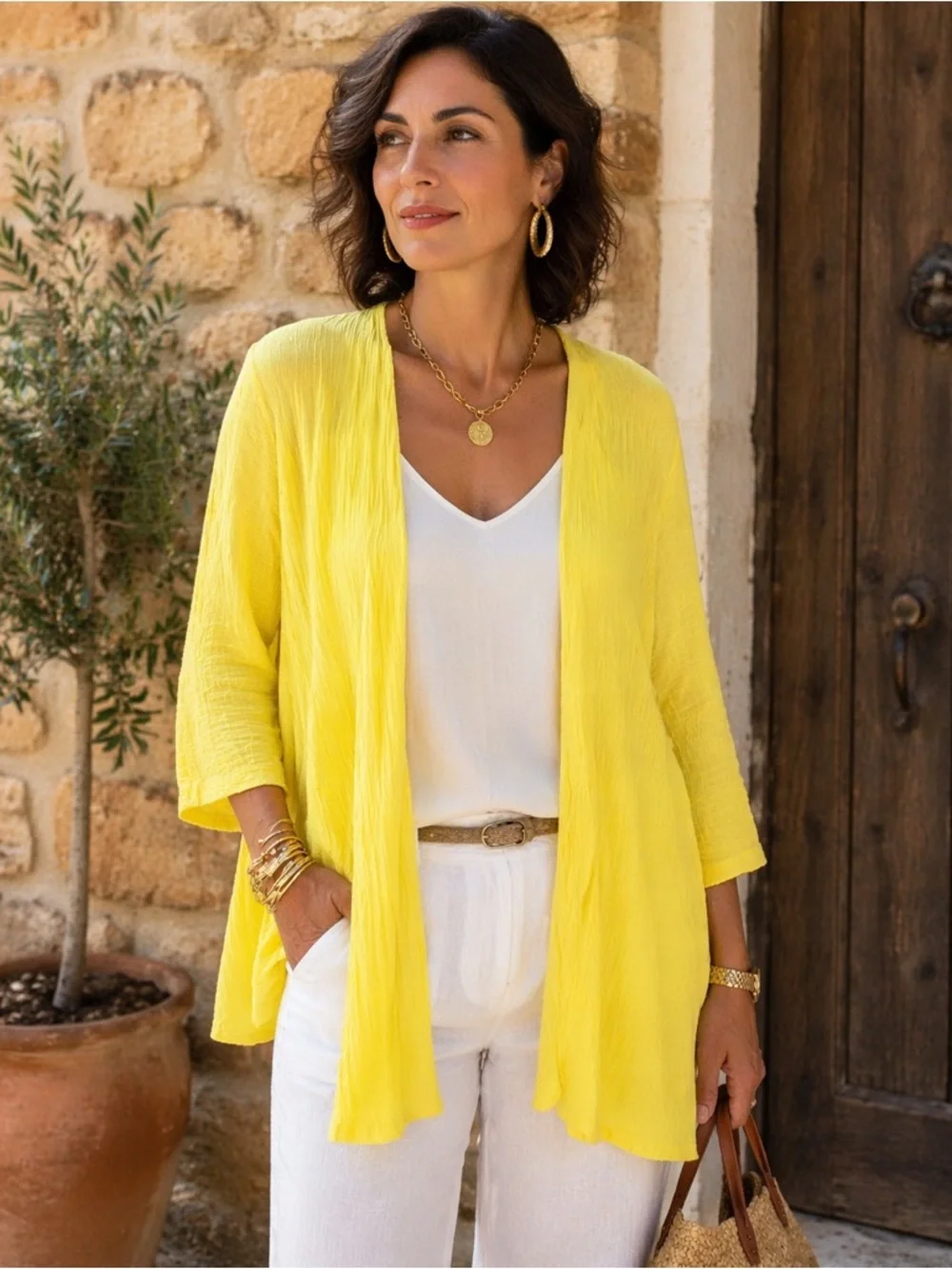KASPER Women’s Yellow Drape Open Front Ribbed 3/4 Sleeve Cardigan Sweater XL
